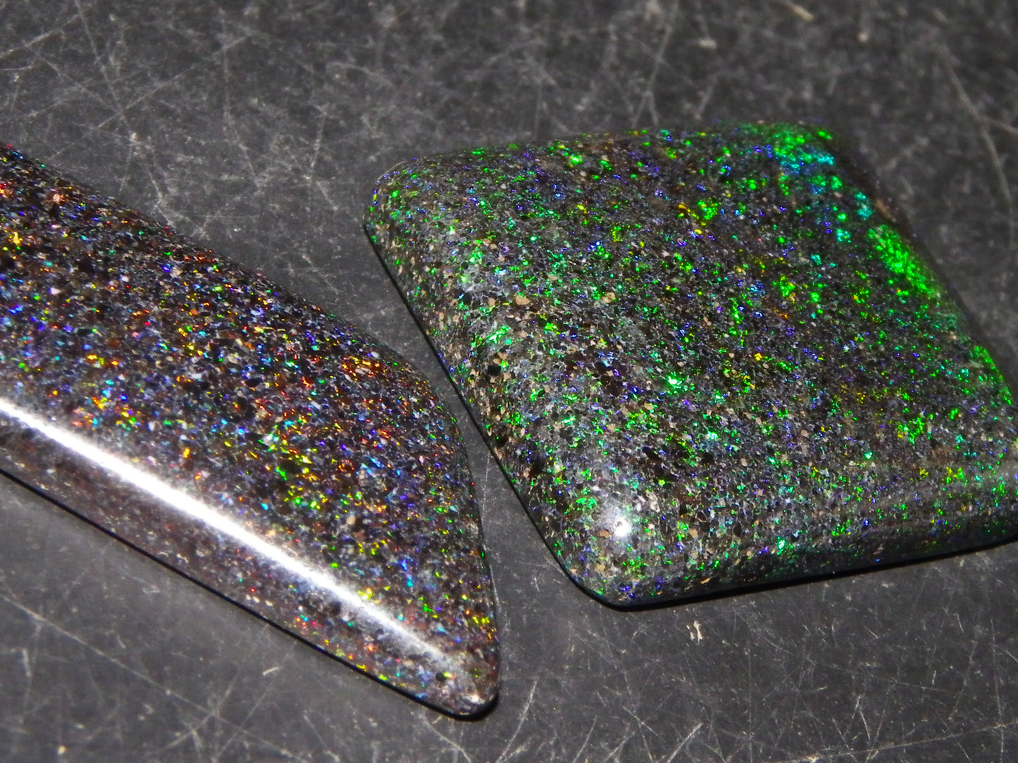 2 Nice Andamooka Matrix Opal Cabs 21.6cts Green/Blues/Red Fires Dark base Au