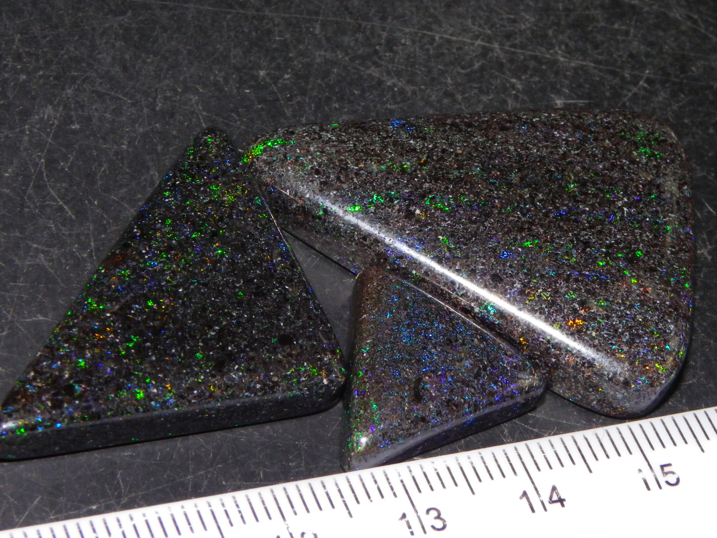 3 Nice Triangle Andamooka Matrix Opal Cabs 68cts Stripes/Fires Green/Blues Au