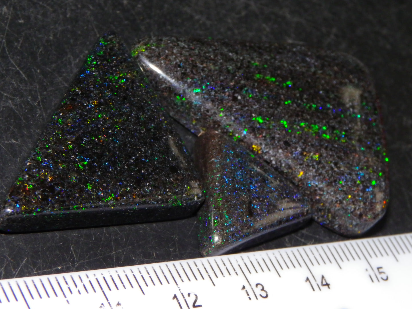 3 Nice Triangle Andamooka Matrix Opal Cabs 68cts Stripes/Fires Green/Blues Au