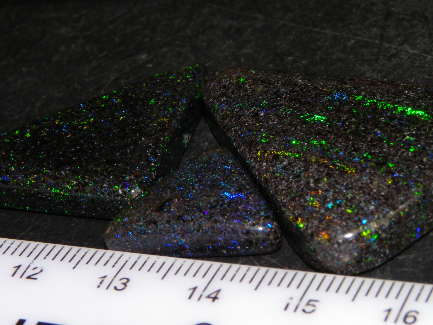 3 Nice Triangle Andamooka Matrix Opal Cabs 68cts Stripes/Fires Green/Blues Au