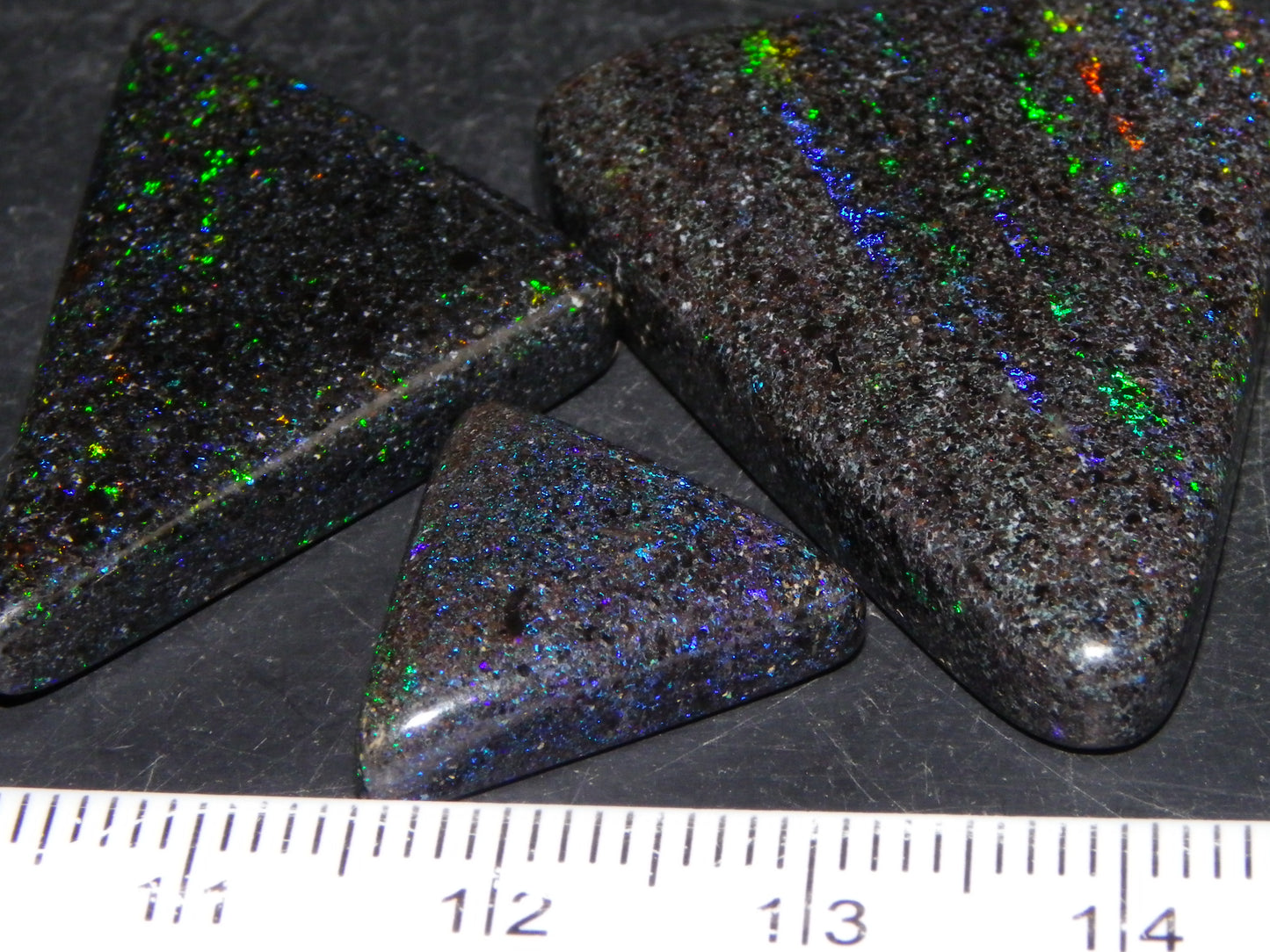 3 Nice Triangle Andamooka Matrix Opal Cabs 68cts Stripes/Fires Green/Blues Au