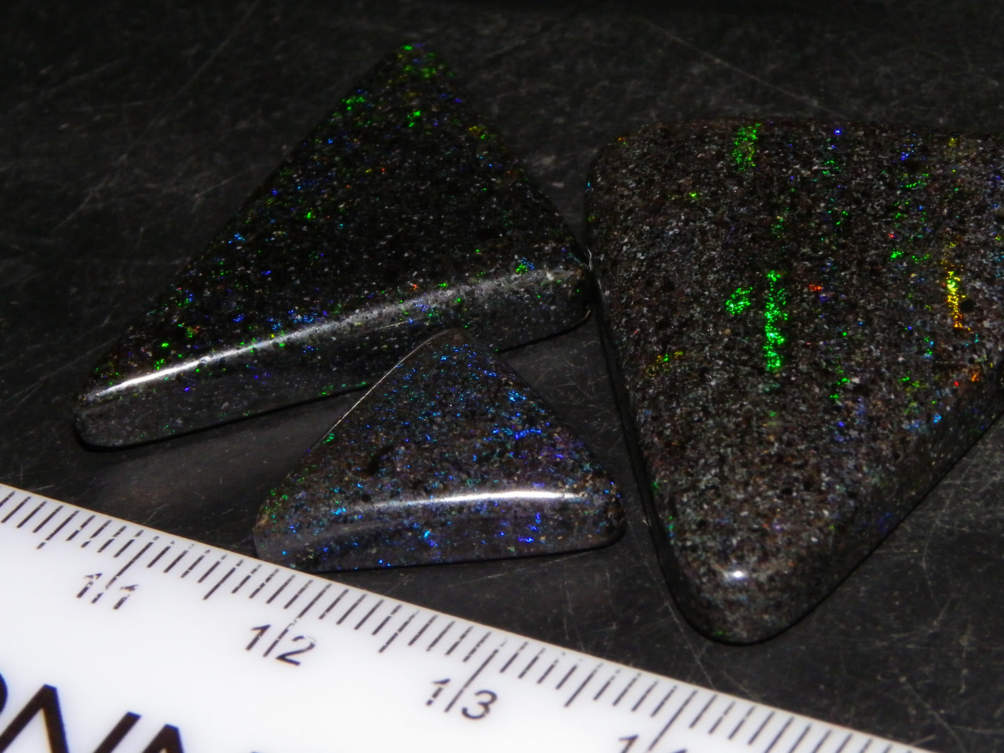 3 Nice Triangle Andamooka Matrix Opal Cabs 68cts Stripes/Fires Green/Blues Au