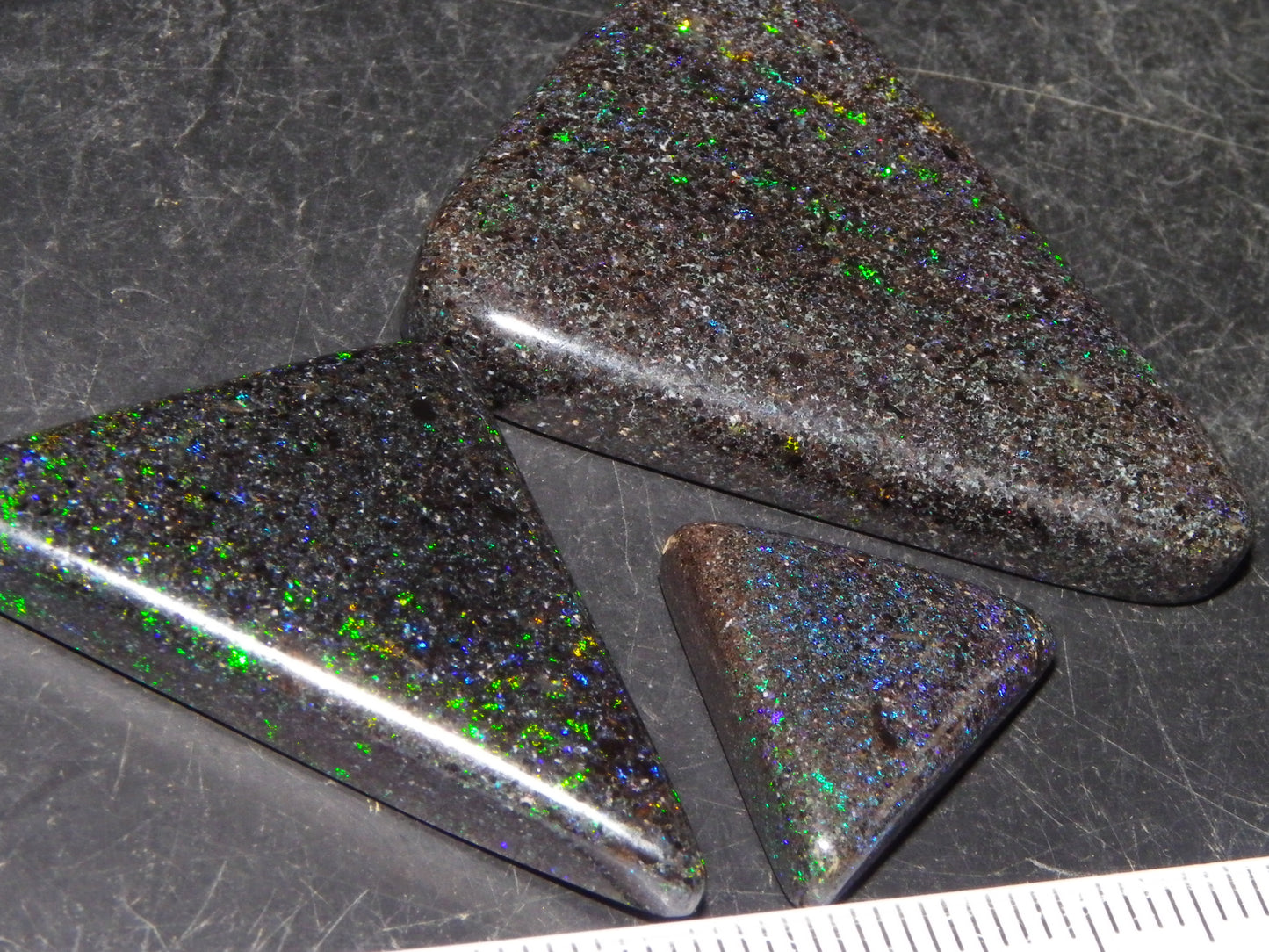 3 Nice Triangle Andamooka Matrix Opal Cabs 68cts Stripes/Fires Green/Blues Au