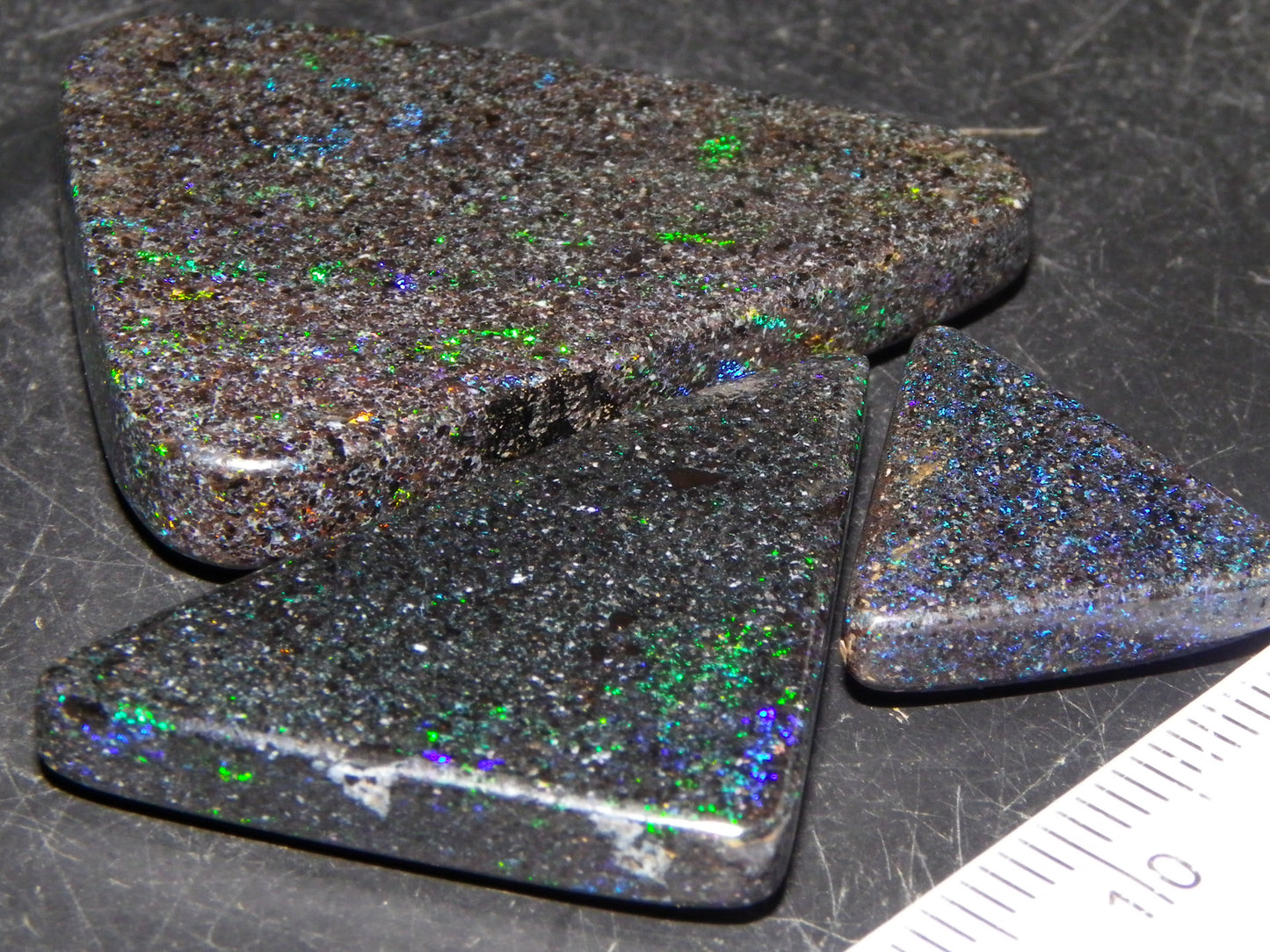 3 Nice Triangle Andamooka Matrix Opal Cabs 68cts Stripes/Fires Green/Blues Au