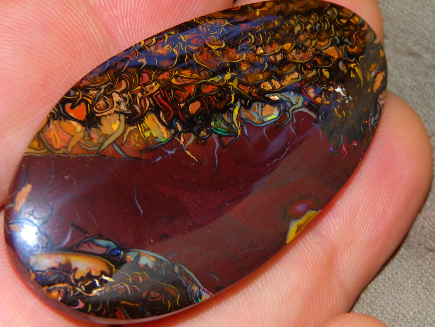 Quality Large Cut/Polished Koroit Opal Cab/Freeform 115.36cts Multicolour Fires and Veins