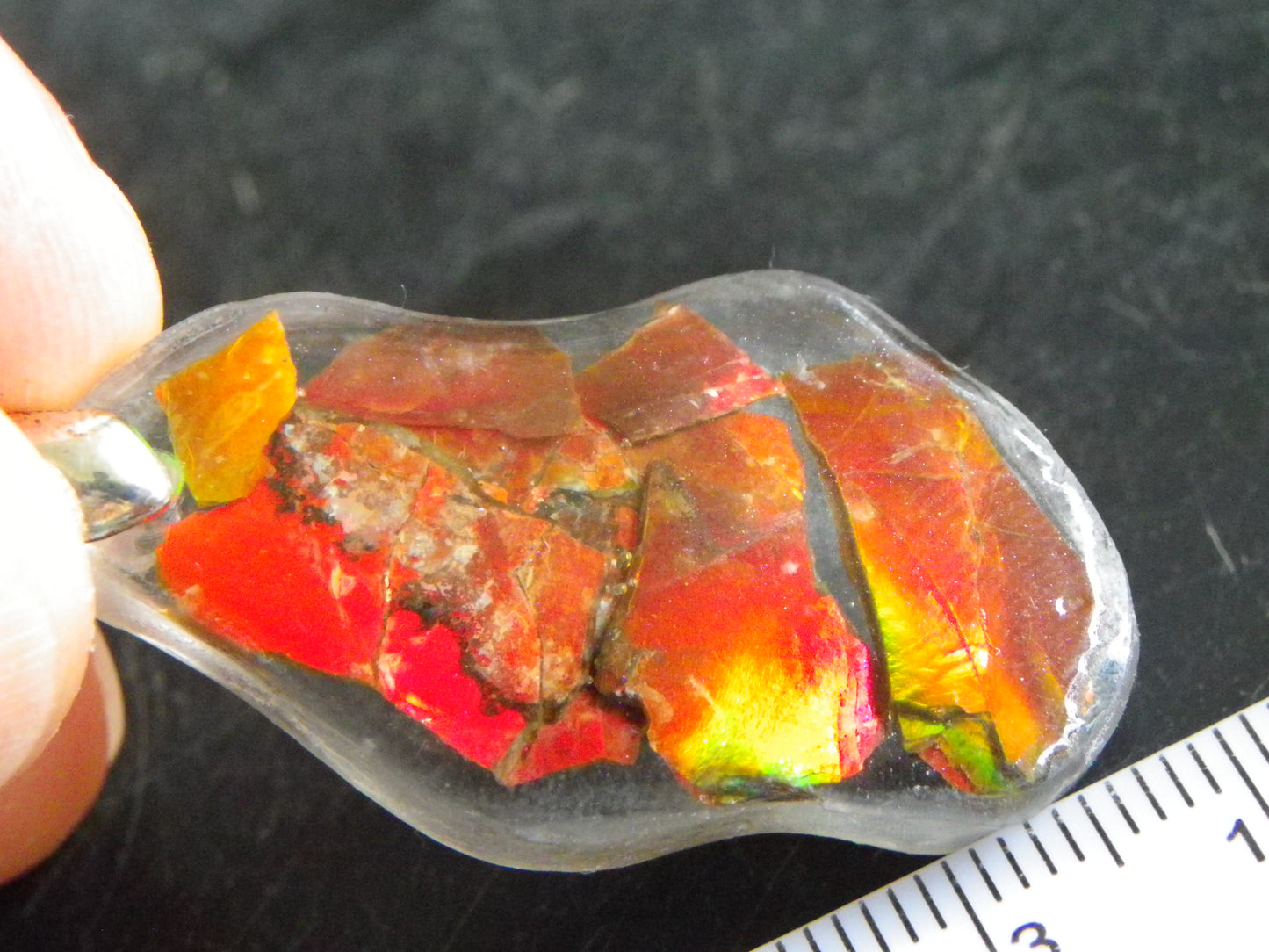 Nice Red/Orange Ammolite + resin Pendant 24cts ex Titanium Chain Bright Colours Alberta Canada