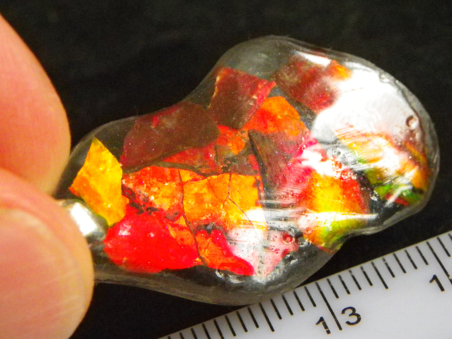 Nice Red/Orange Ammolite + resin Pendant 24cts ex Titanium Chain Bright Colours Alberta Canada