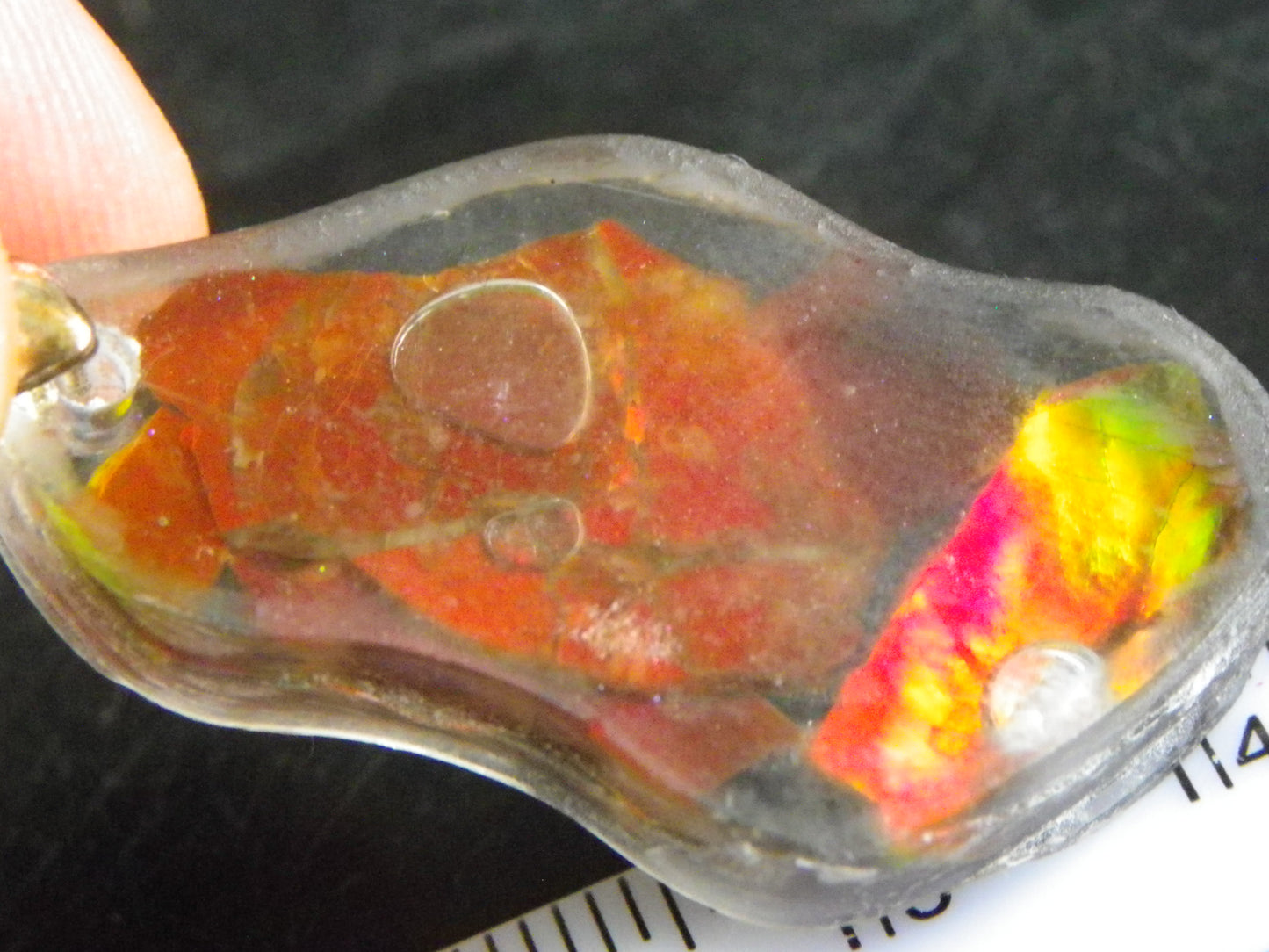 Nice Red/Orange Ammolite + resin Pendant 24cts ex Titanium Chain Bright Colours Alberta Canada