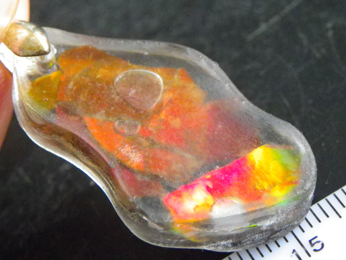 Nice Red/Orange Ammolite + resin Pendant 24cts ex Titanium Chain Bright Colours Alberta Canada