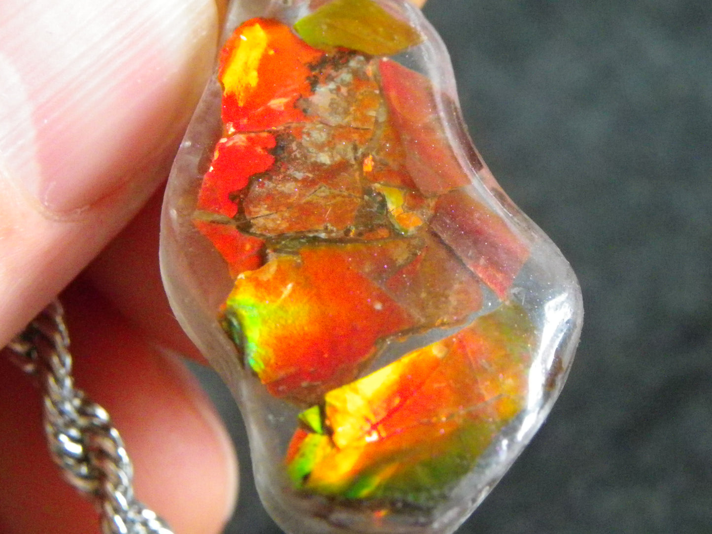 Nice Red/Orange Ammolite + resin Pendant 24cts ex Titanium Chain Bright Colours Alberta Canada