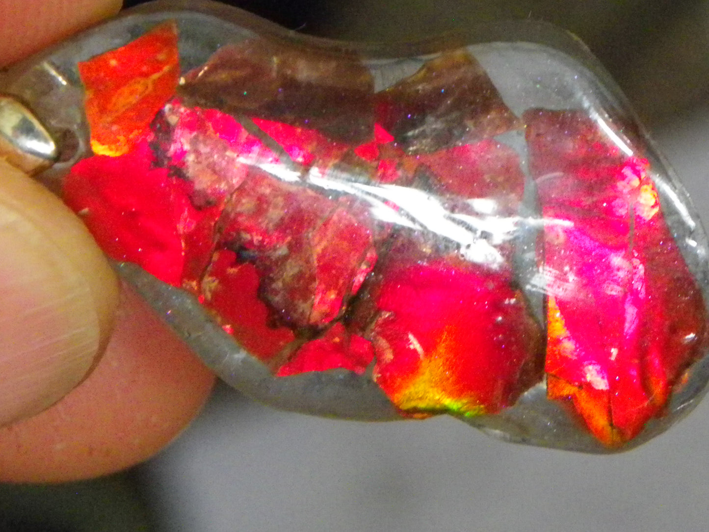 Nice Red/Orange Ammolite + resin Pendant 24cts ex Titanium Chain Bright Colours Alberta Canada