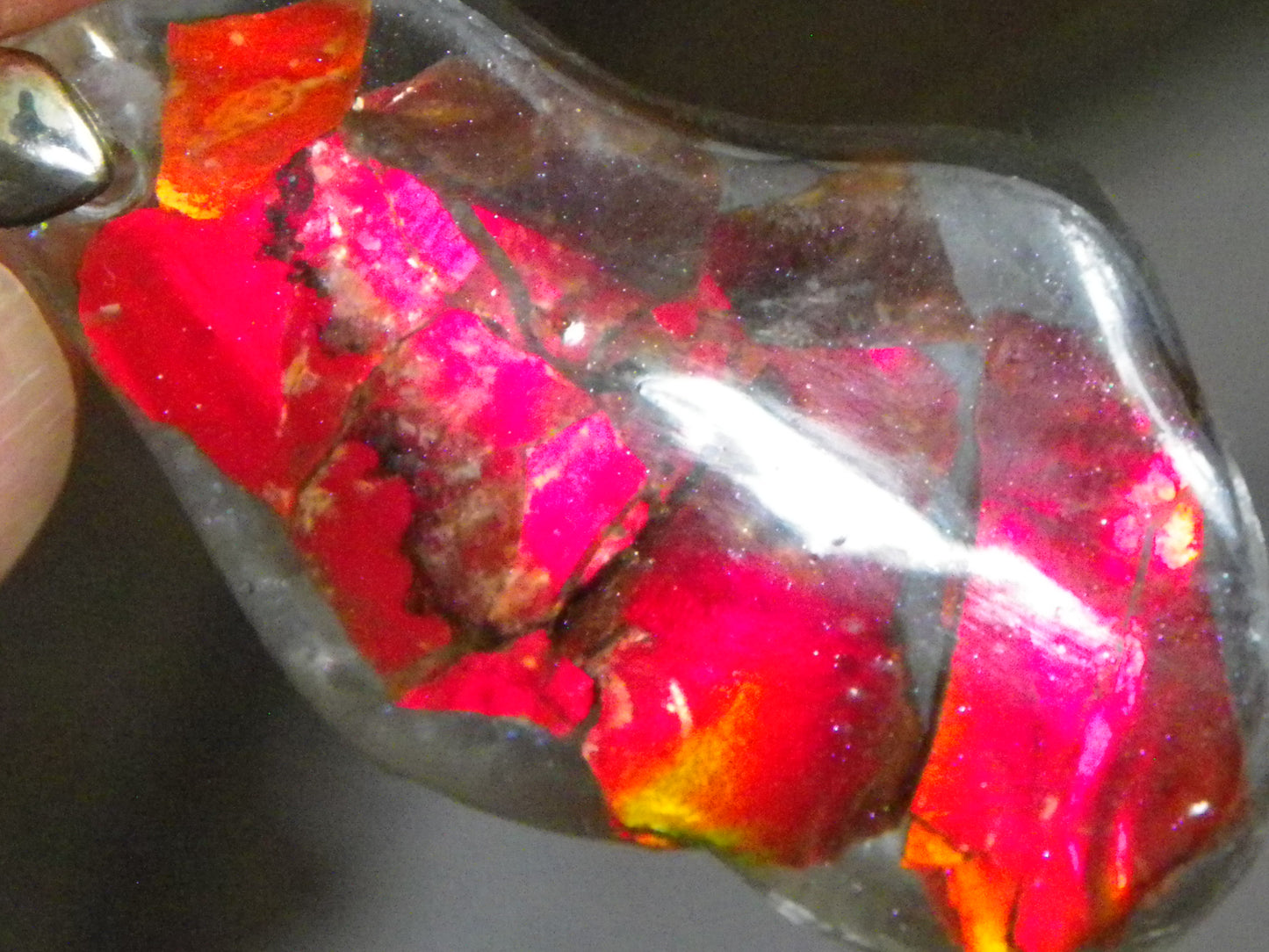 Nice Red/Orange Ammolite + resin Pendant 24cts ex Titanium Chain Bright Colours Alberta Canada