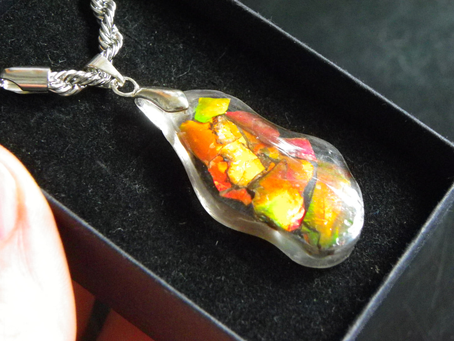 Nice Red/Orange Ammolite + resin Pendant 24cts ex Titanium Chain Bright Colours Alberta Canada