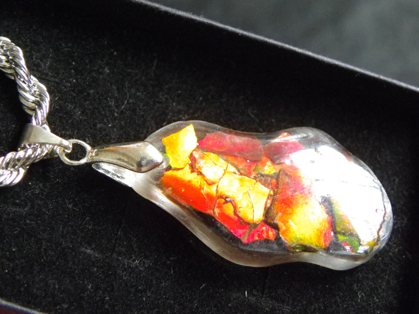 Nice Red/Orange Ammolite + resin Pendant 24cts ex Titanium Chain Bright Colours Alberta Canada