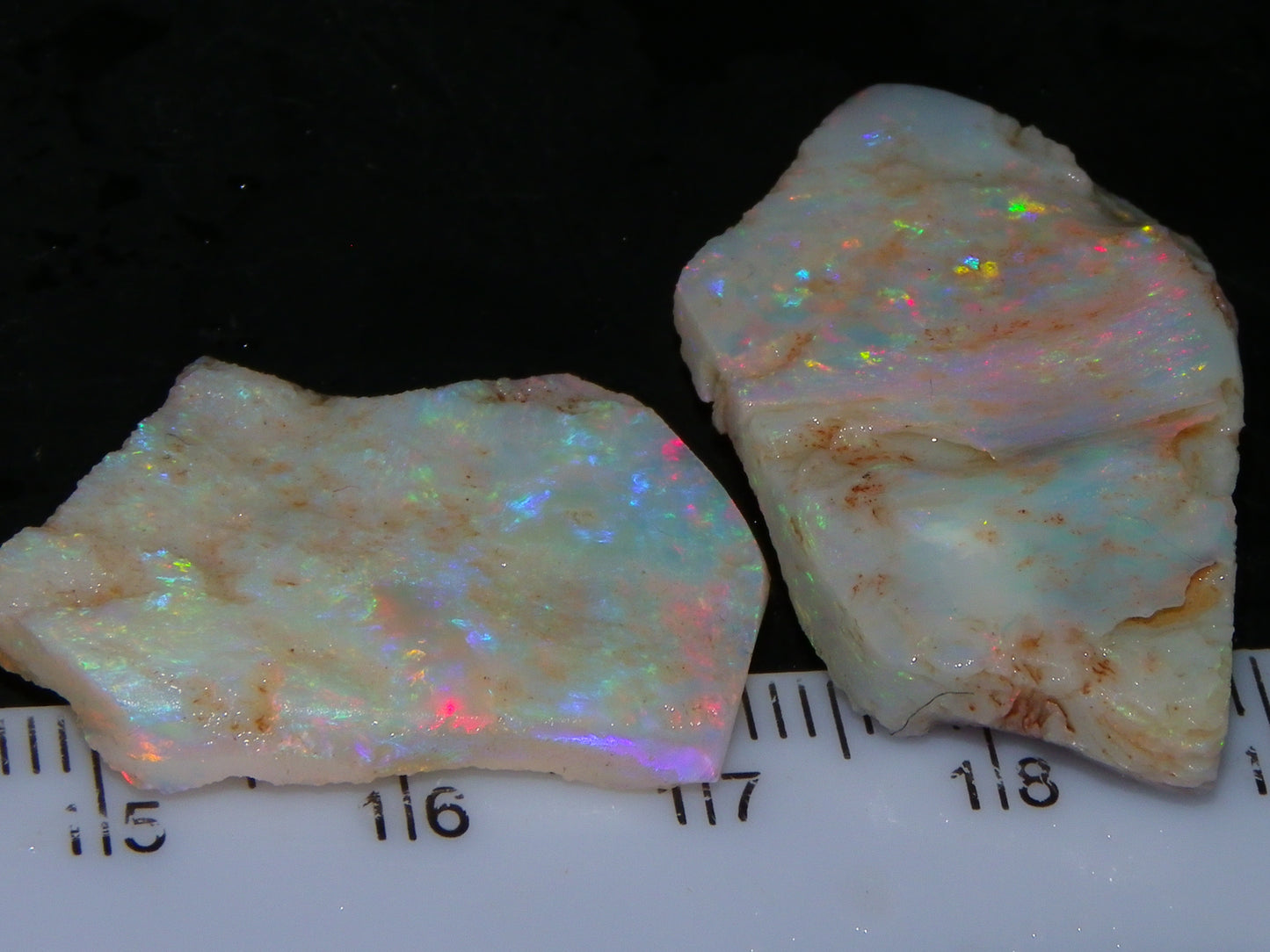 2 Nice Rough/Rubbed Lightning Ridge Opals 30.2cts Multicolour Light Seam Base Fires