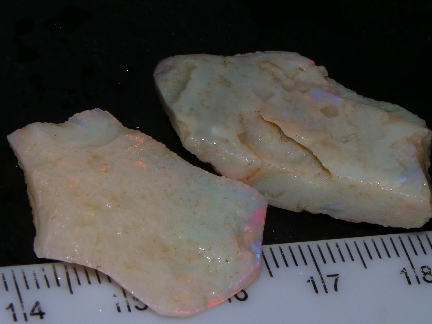 2 Nice Rough/Rubbed Lightning Ridge Opals 30.2cts Multicolour Light Seam Base Fires