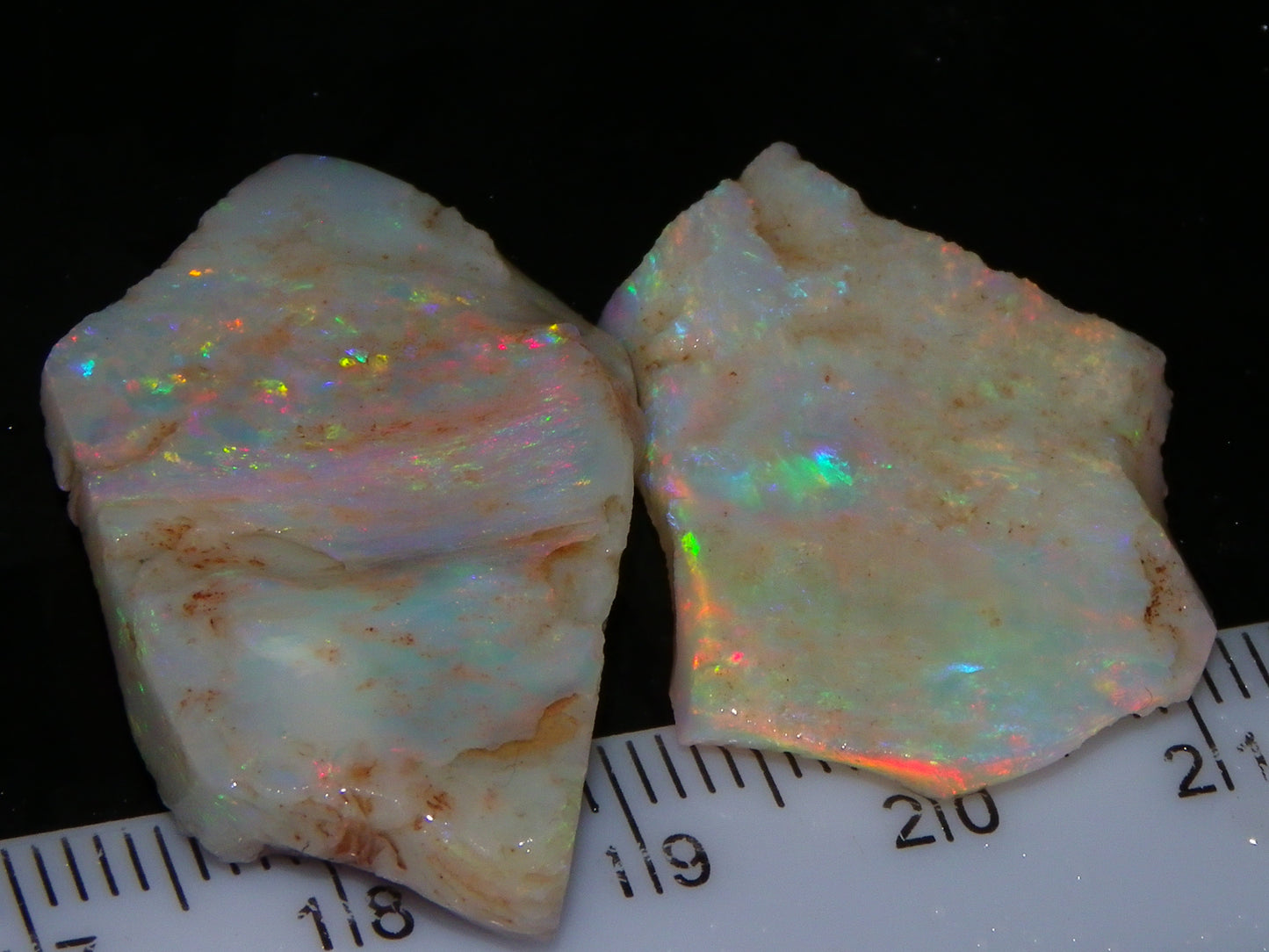 2 Nice Rough/Rubbed Lightning Ridge Opals 30.2cts Multicolour Light Seam Base Fires