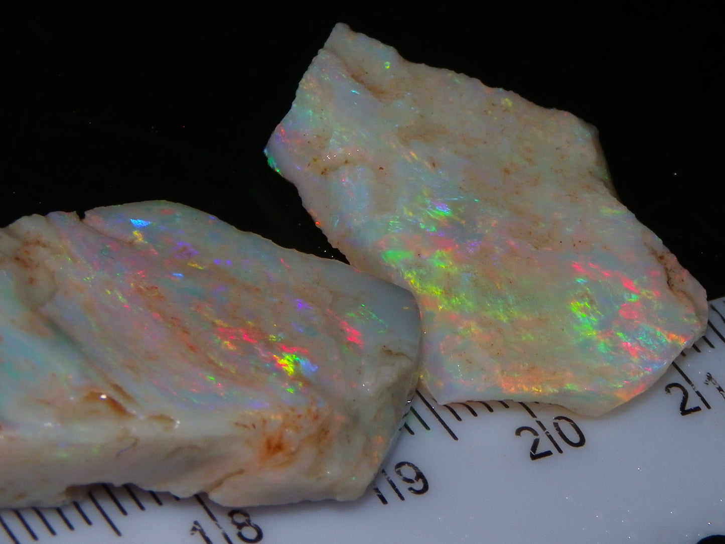 2 Nice Rough/Rubbed Lightning Ridge Opals 30.2cts Multicolour Light Seam Base Fires