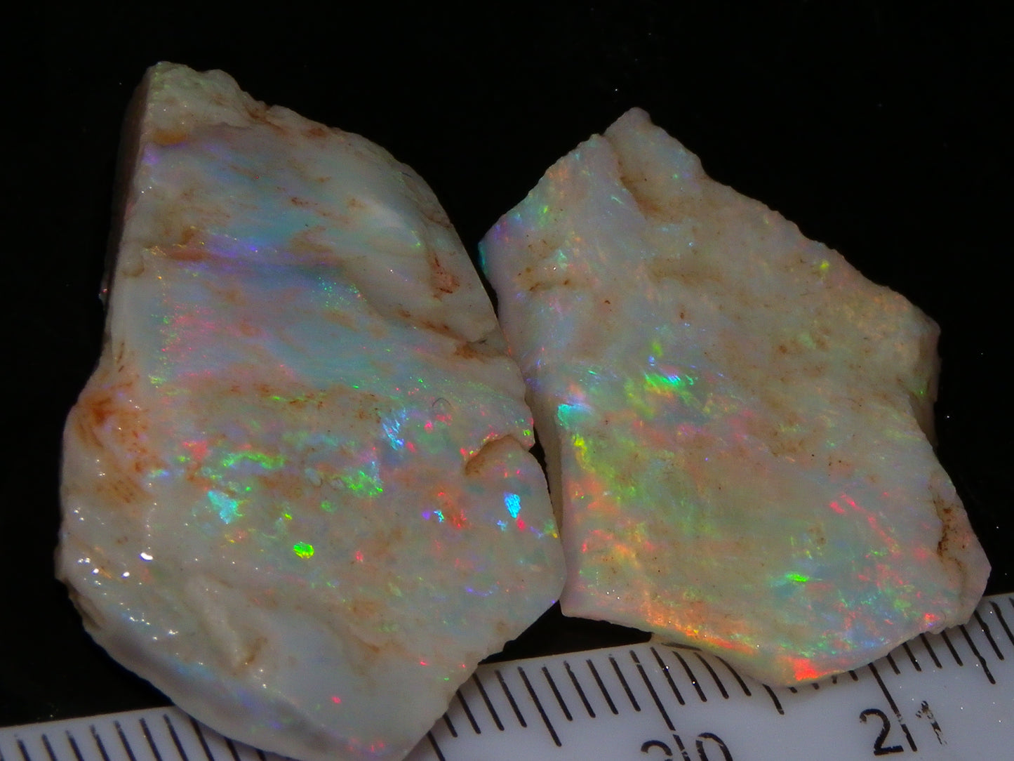 2 Nice Rough/Rubbed Lightning Ridge Opals 30.2cts Multicolour Light Seam Base Fires