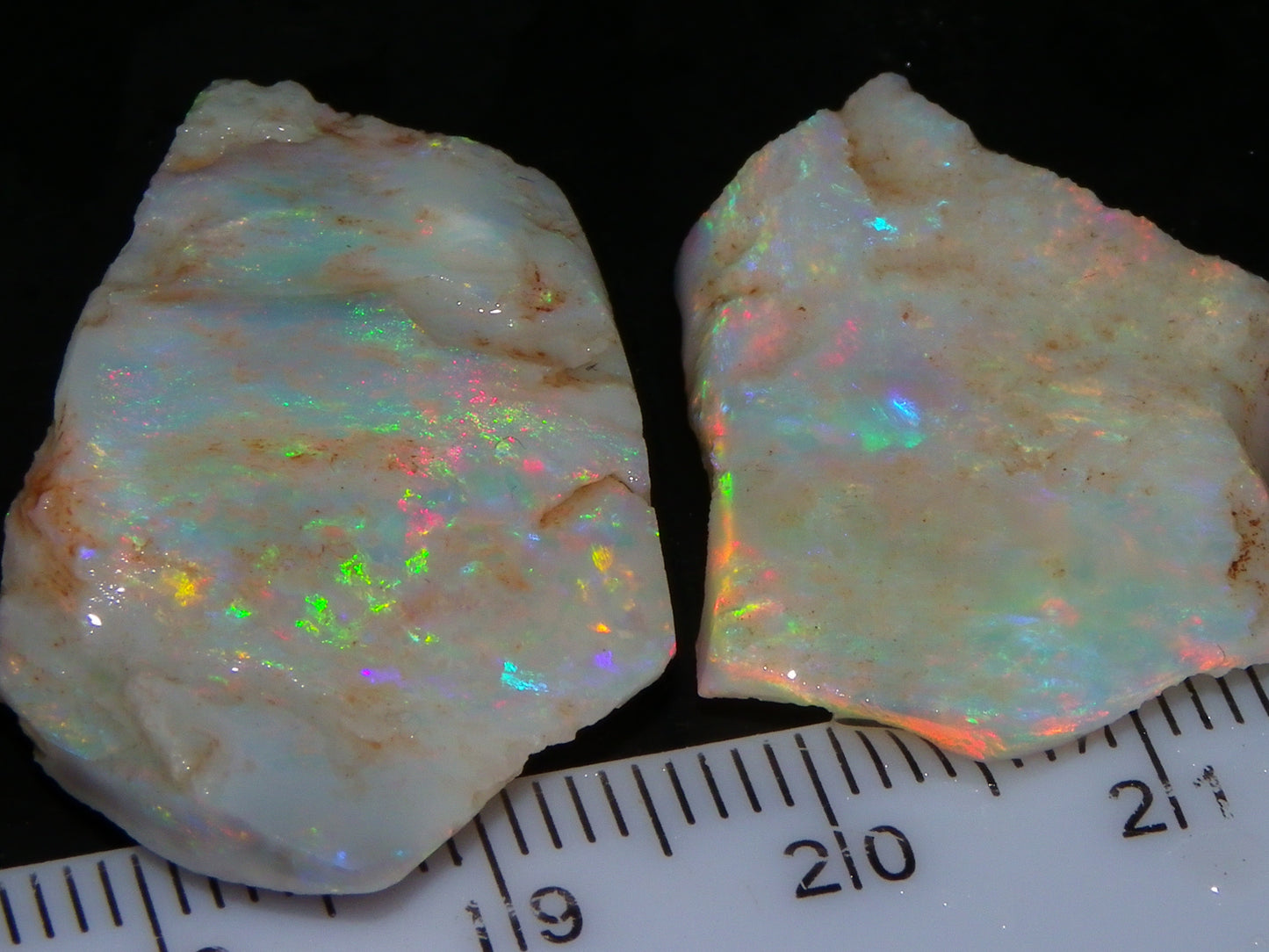 2 Nice Rough/Rubbed Lightning Ridge Opals 30.2cts Multicolour Light Seam Base Fires