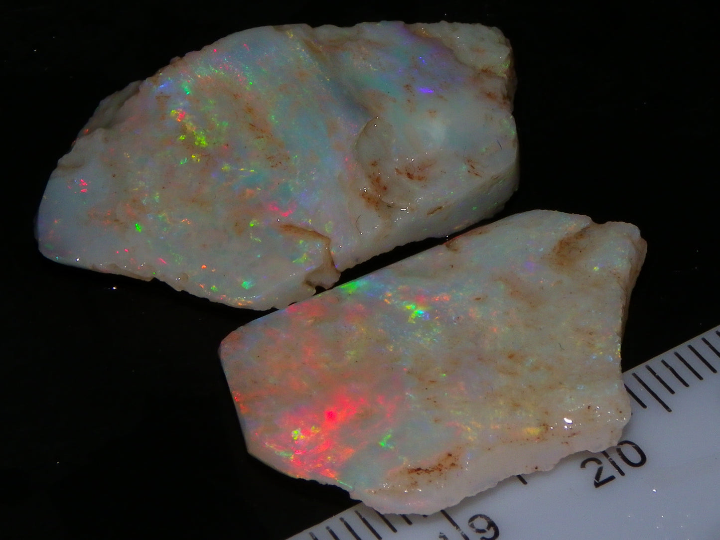 2 Nice Rough/Rubbed Lightning Ridge Opals 30.2cts Multicolour Light Seam Base Fires