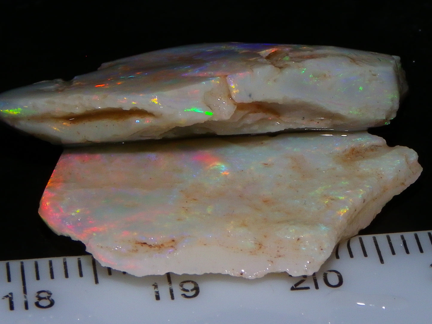 2 Nice Rough/Rubbed Lightning Ridge Opals 30.2cts Multicolour Light Seam Base Fires