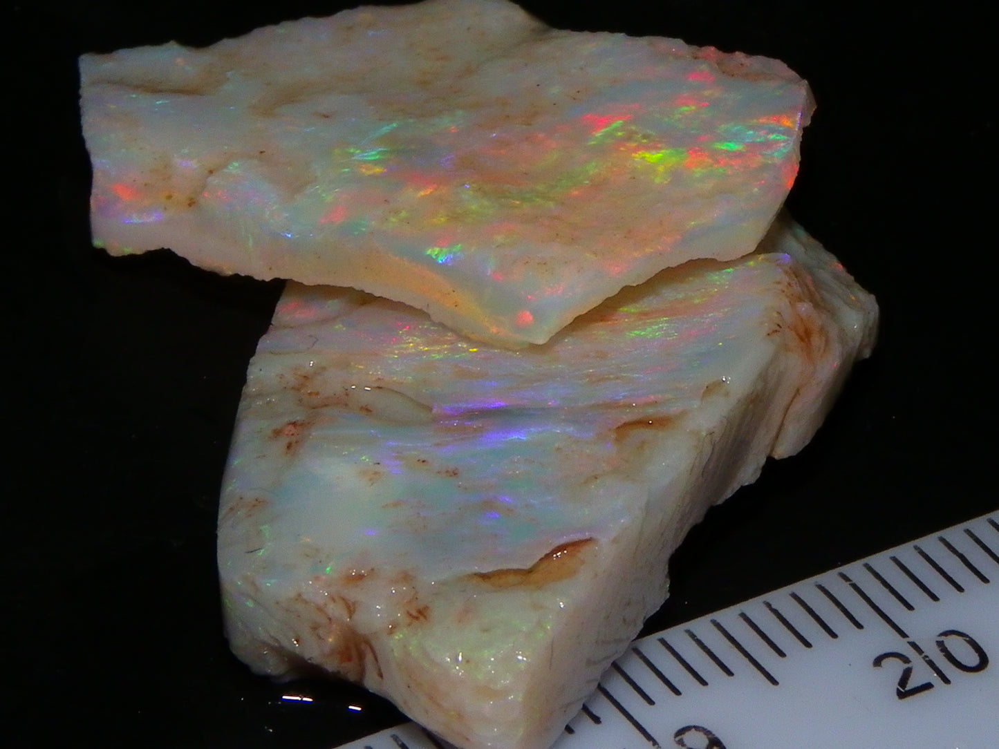 2 Nice Rough/Rubbed Lightning Ridge Opals 30.2cts Multicolour Light Seam Base Fires