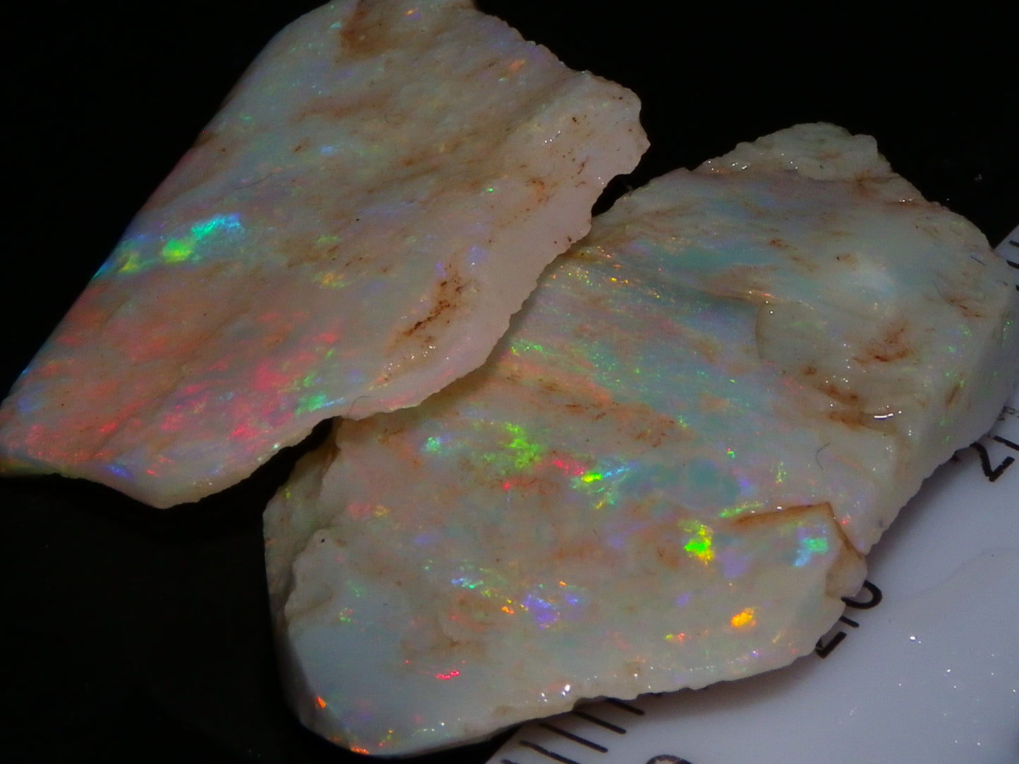 2 Nice Rough/Rubbed Lightning Ridge Opals 30.2cts Multicolour Light Seam Base Fires