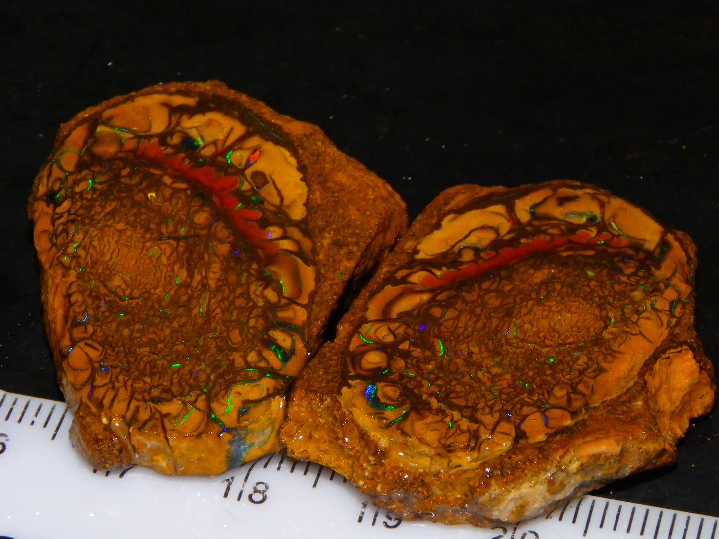 2 Matching/Sliced Rough Koroit Opals 119.3cts Green Fires/Patterns Double sided