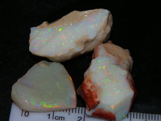 3 Nice Rough Coober Pedy Opals 78.4cts Multicolour Fires/Bars White/Crystal Base