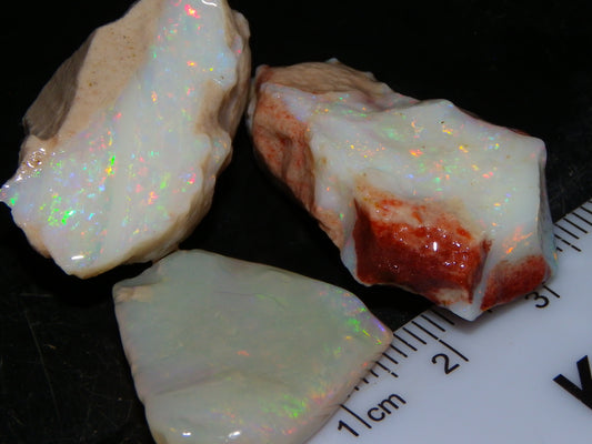 3 Nice Rough Coober Pedy Opals 78.4cts Multicolour Fires/Bars White/Crystal Base