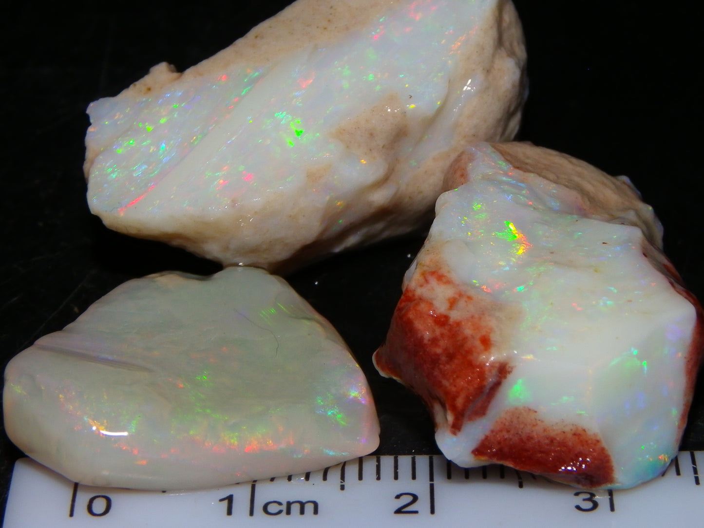 3 Nice Rough Coober Pedy Opals 78.4cts Multicolour Fires/Bars White/Crystal Base