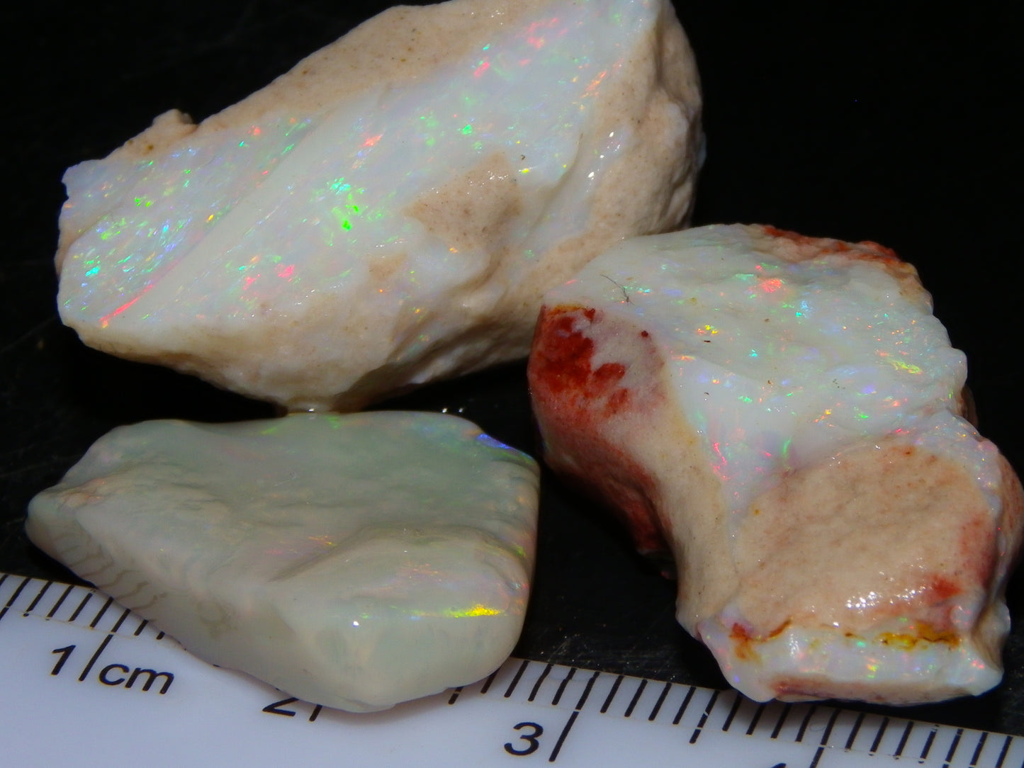 3 Nice Rough Coober Pedy Opals 78.4cts Multicolour Fires/Bars White/Crystal Base