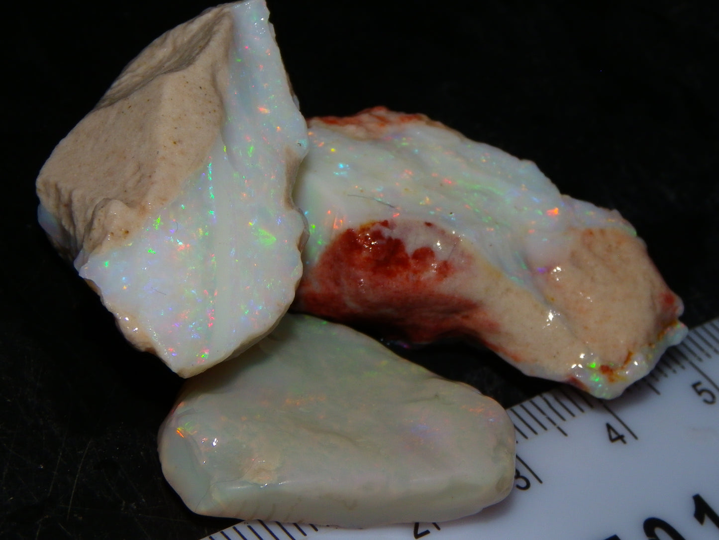 3 Nice Rough Coober Pedy Opals 78.4cts Multicolour Fires/Bars White/Crystal Base