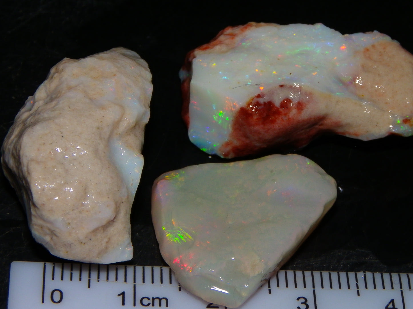 3 Nice Rough Coober Pedy Opals 78.4cts Multicolour Fires/Bars White/Crystal Base