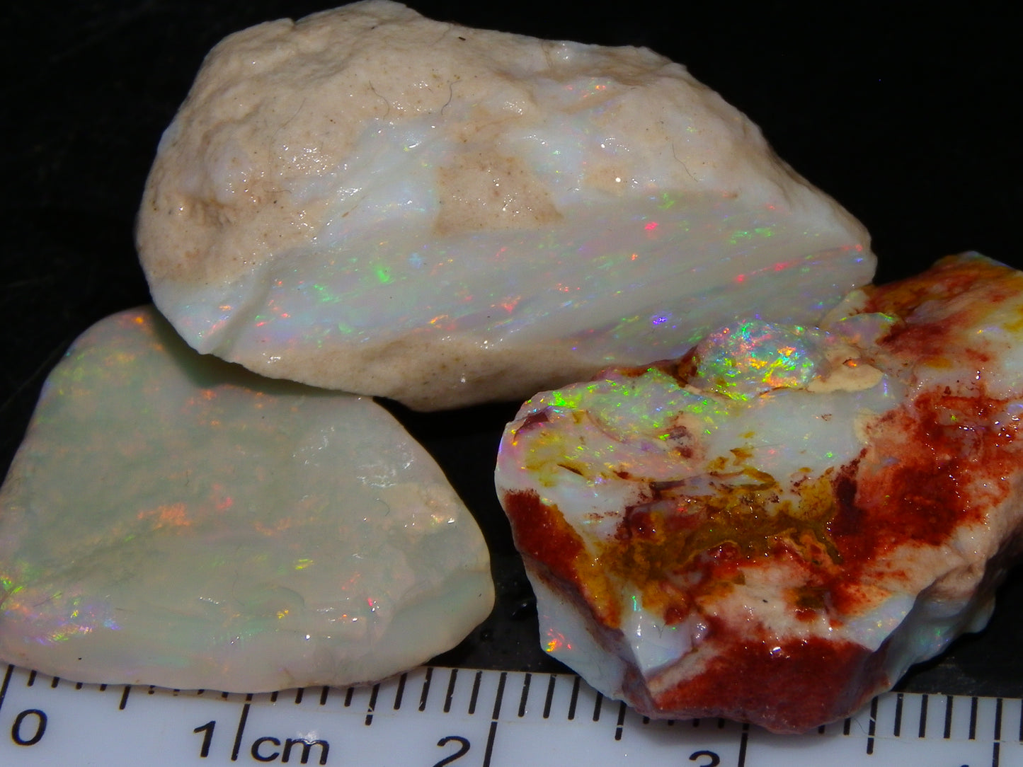 3 Nice Rough Coober Pedy Opals 78.4cts Multicolour Fires/Bars White/Crystal Base