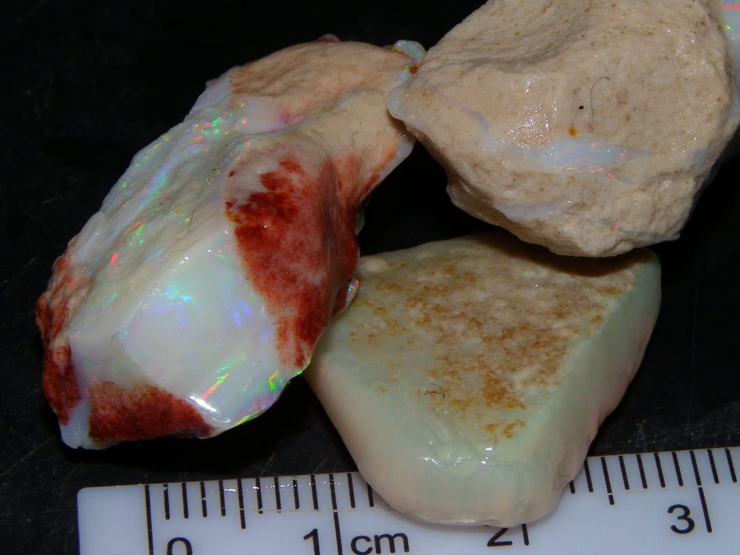 3 Nice Rough Coober Pedy Opals 78.4cts Multicolour Fires/Bars White/Crystal Base