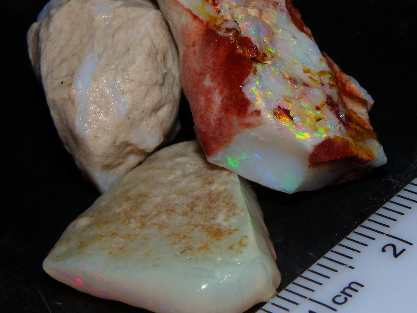 3 Nice Rough Coober Pedy Opals 78.4cts Multicolour Fires/Bars White/Crystal Base