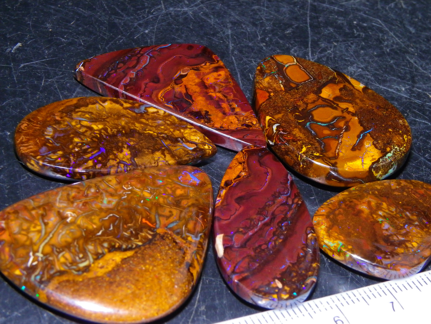 6 Cut/Polished Koroit Boulder Opal Cabs/Freeforms 219.5cts Patterns/Some Fires Qld Au