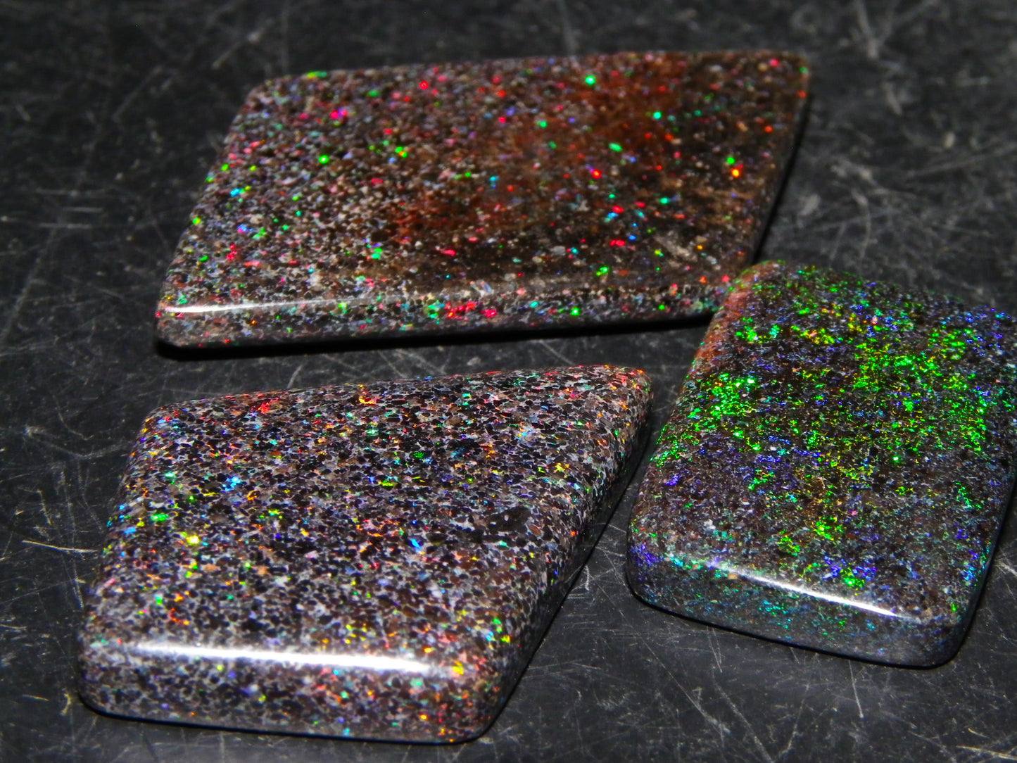 3 Nice Cut/Polished/Treated Andamooka Matrix Opals 48.16cts Red/Gold/Green Fires Australia