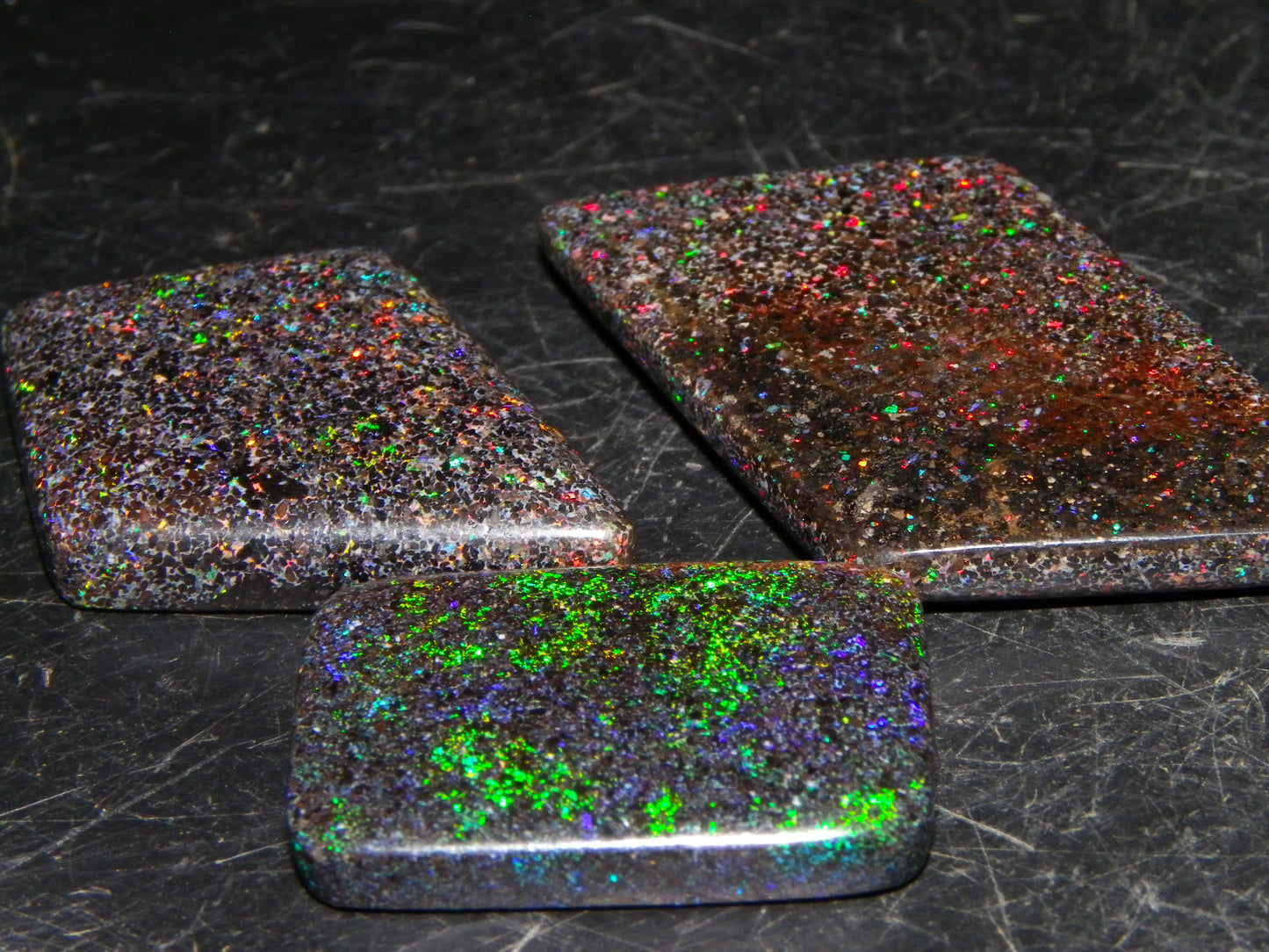 3 Nice Cut/Polished/Treated Andamooka Matrix Opals 48.16cts Red/Gold/Green Fires Australia