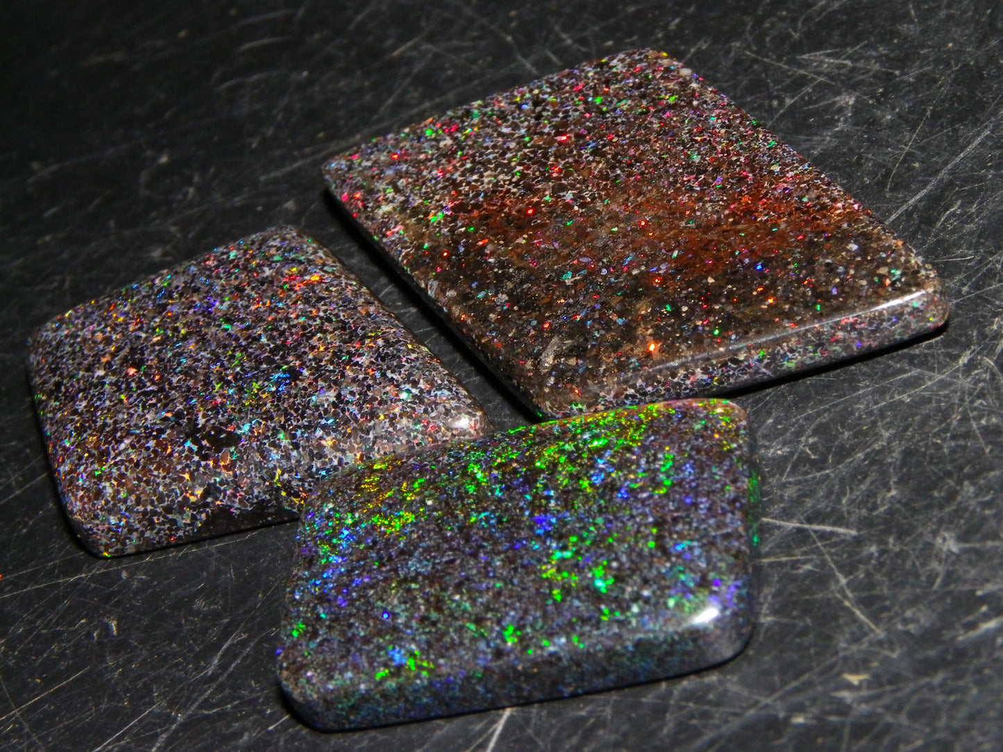 3 Nice Cut/Polished/Treated Andamooka Matrix Opals 48.16cts Red/Gold/Green Fires Australia