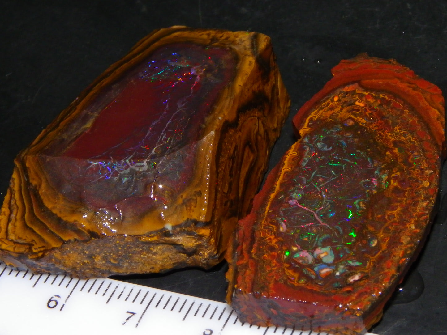 2 Nice Koroit Opal But/Sliced Rough Specimens 190cts Red Fires/Patterns Qld Au