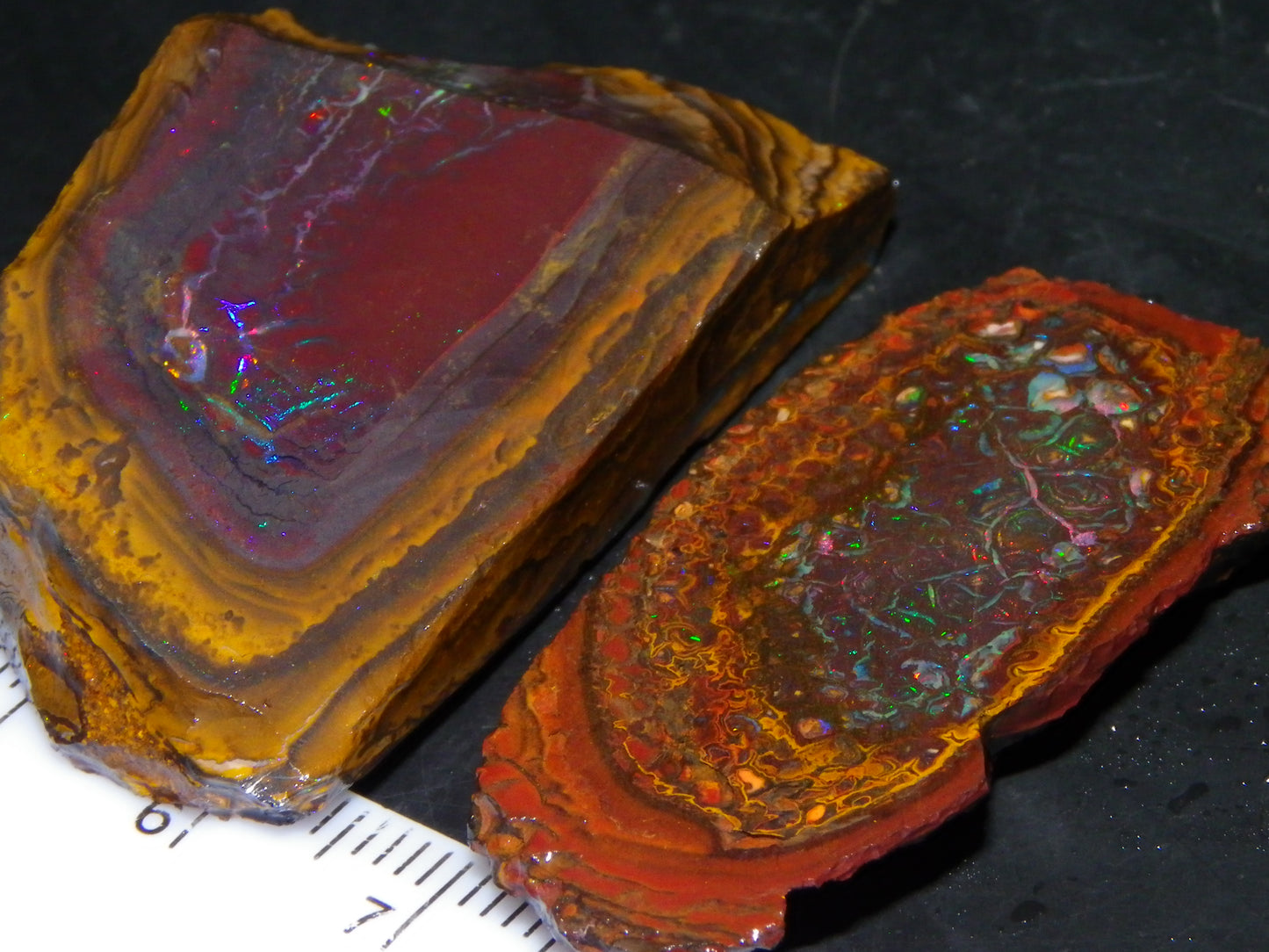 2 Nice Koroit Opal But/Sliced Rough Specimens 190cts Red Fires/Patterns Qld Au