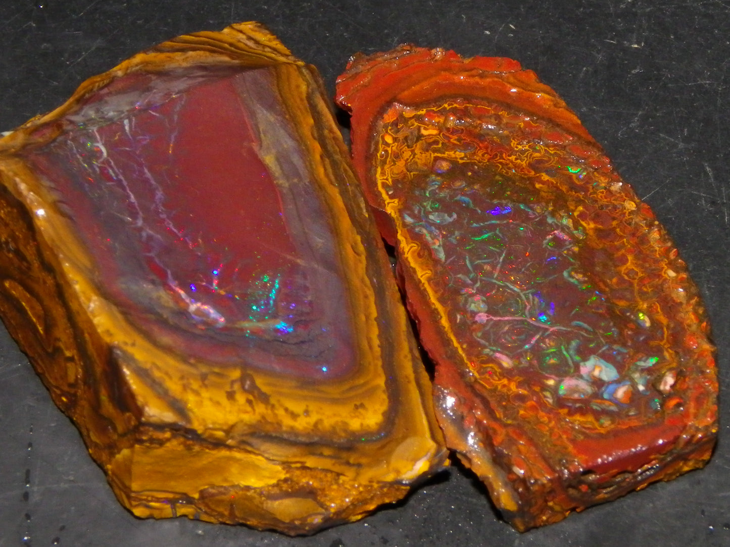 2 Nice Koroit Opal But/Sliced Rough Specimens 190cts Red Fires/Patterns Qld Au