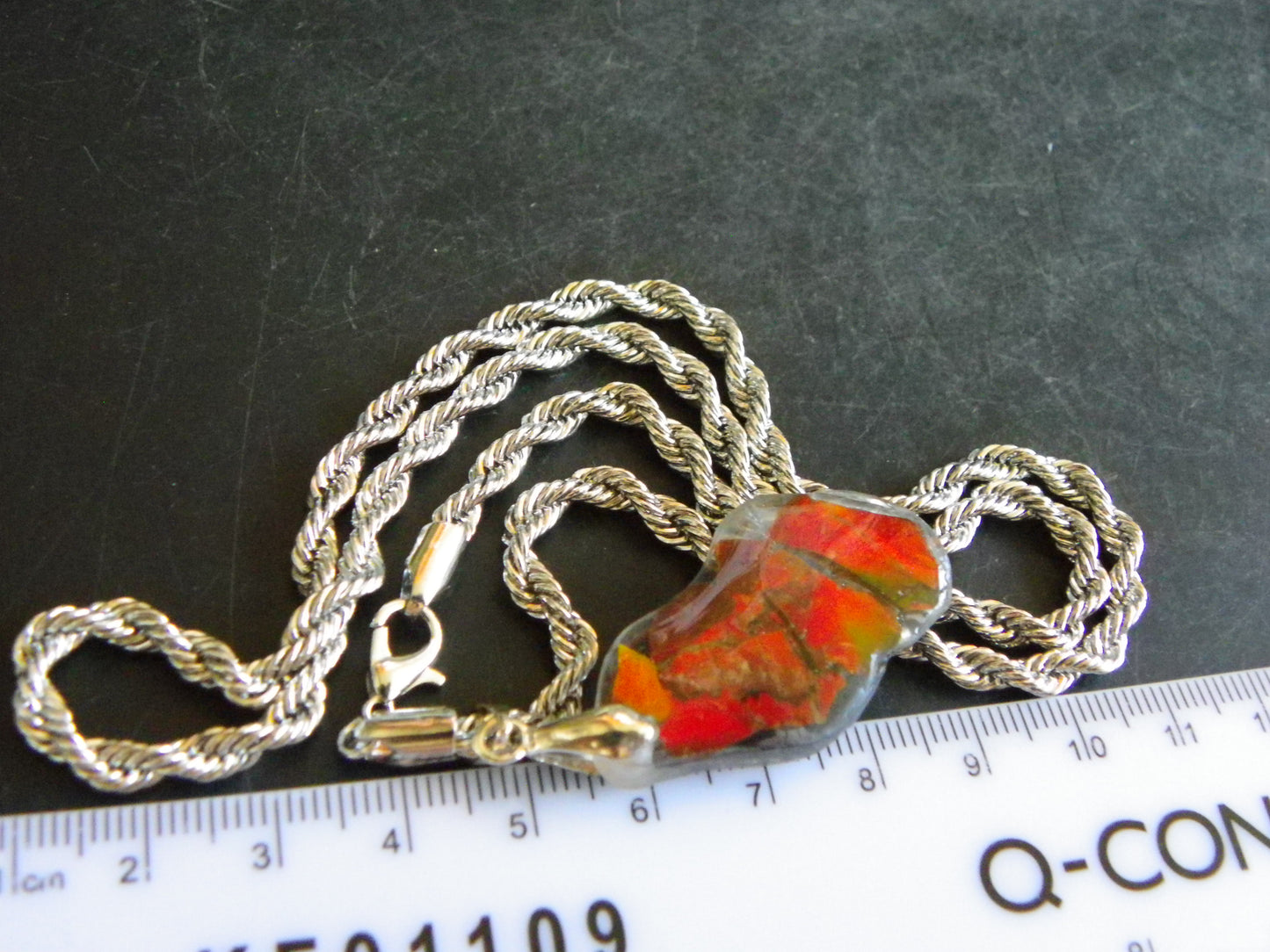 Nice Ammolite Double sided Pendant 24cts +Titanium rope Chain Red/Gold Colours Canada