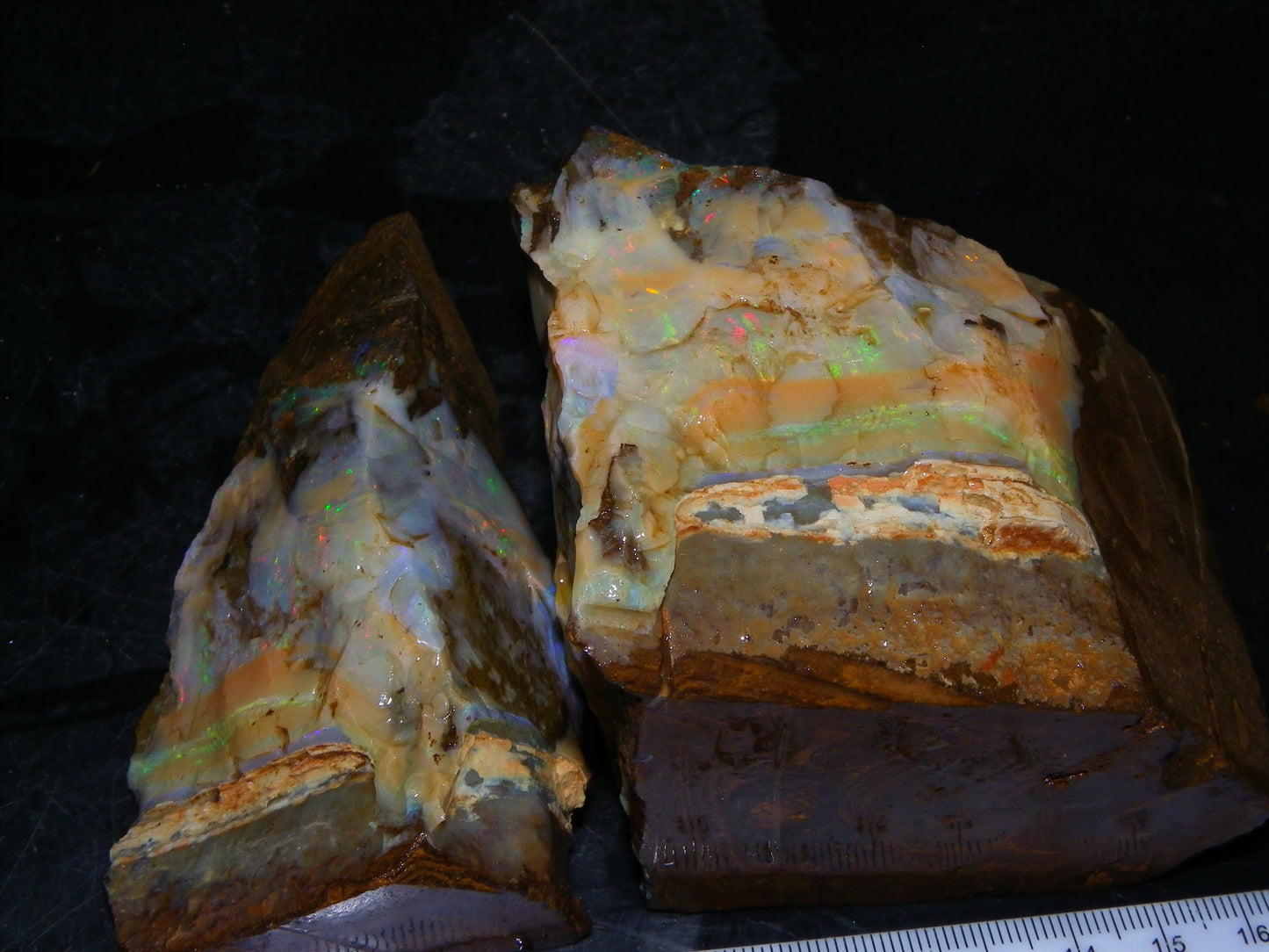 2 Large Split Queensland Boulder Opals 3086cts 5 Faces with Fires 2 matching Split