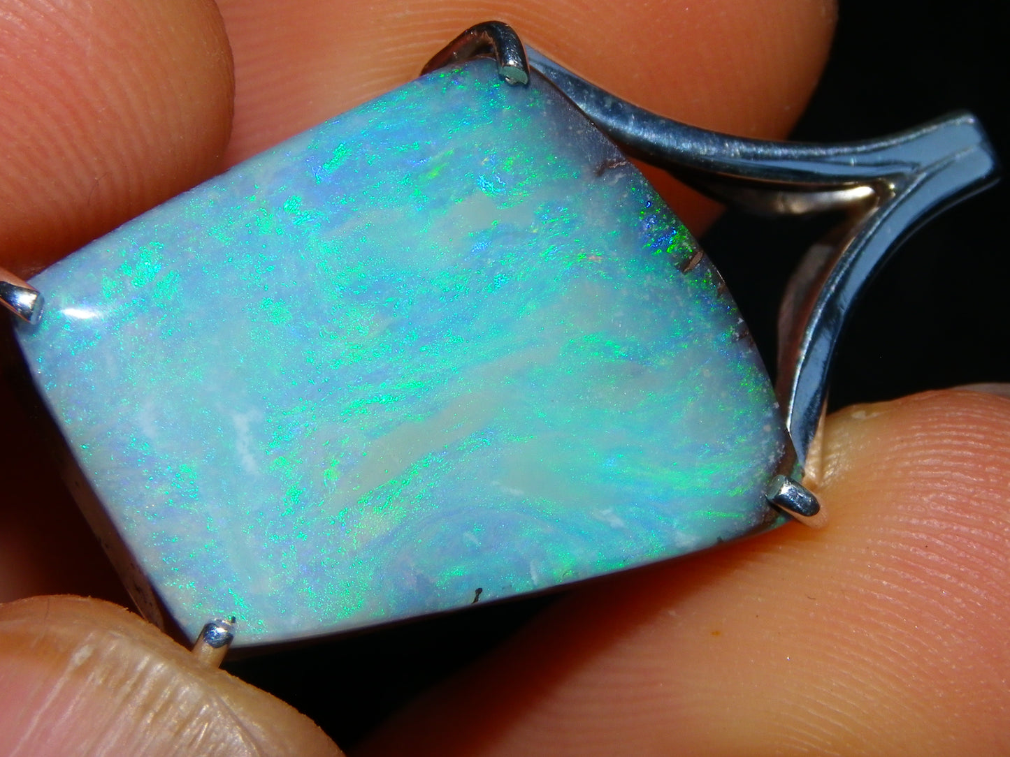 Very Nice Queensland Boulder Opal 925 Silver Pendant 6.4 Grams Green/Blue Fires Handmade