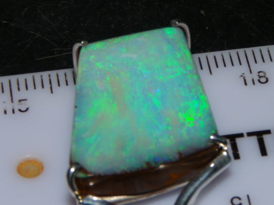 Very Nice Queensland Boulder Opal 925 Silver Pendant 6.4 Grams Green/Blue Fires Handmade