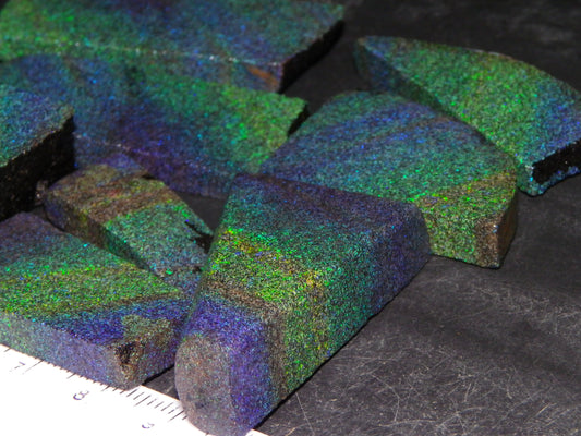 Nice Rough/Sliced/Treated Andamooka Matrix Opal Parcel 383cts Blue/Green Mist/Pinfires matching material